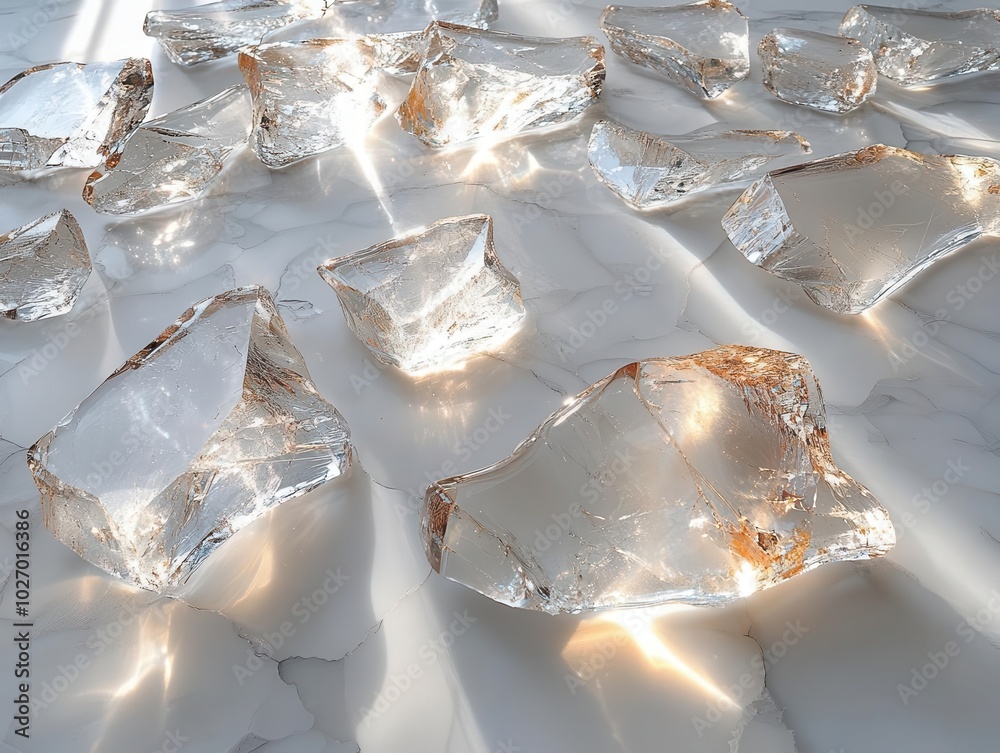 pieces of broken glass scattered artistically on a pristine white background, each shard reflecting light brilliantly, showcasing varying textures and angles with potential for creative use pieces of broken glass scattered artistically on a pristine white background, each shard reflecting light brilliantly, showcasing varying textures and angles with potential for creative use