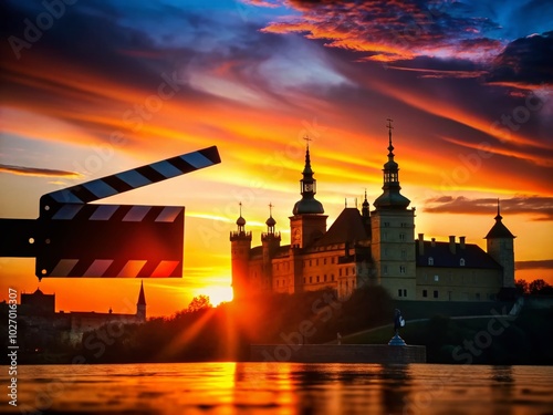 Silhouette of Cinema Clapperboard Against Ujazdowski Castle in Warsaw at Sunset photo