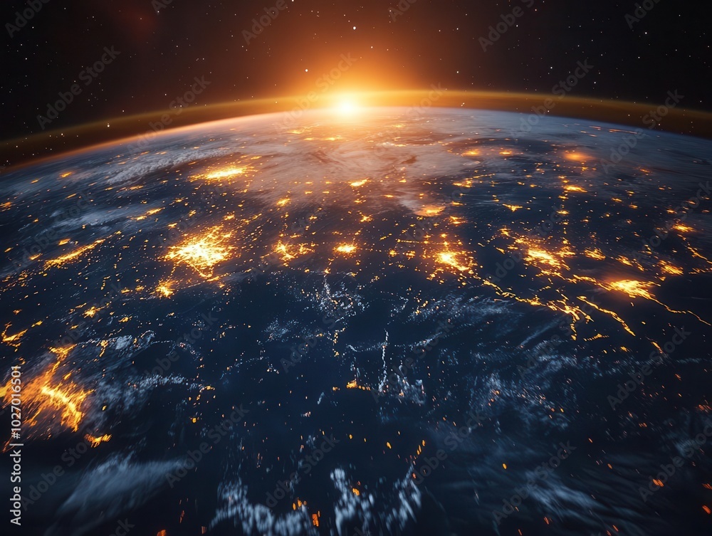 planet earth illuminated from space at night, with glowing city lights connecting continents, symbolizing a harmonious global network and community planet earth illuminated from space at night, with glowing city lights connecting continents, symbolizing a harmonious global network and community