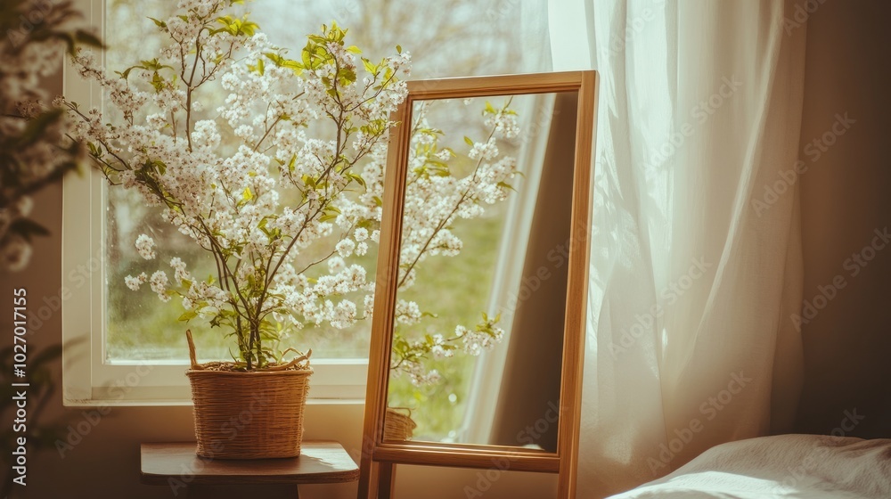 A cozy corner of a bedroom with a mirror reflecting a field dotted with blooming trees. A cozy corner of a bedroom with a mirror reflecting a field dotted with blooming trees.