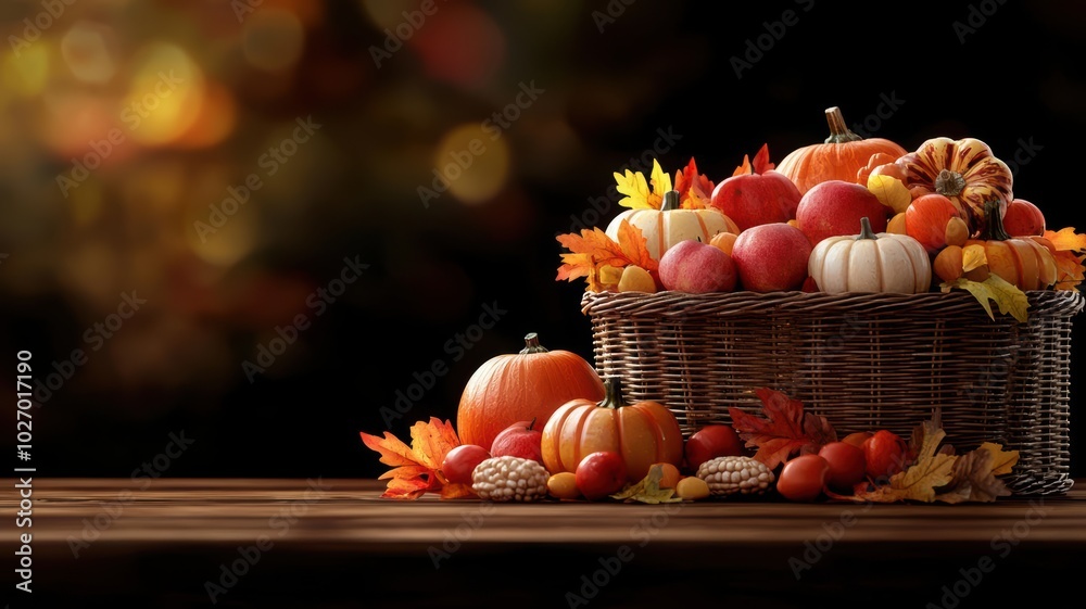 A cozy autumn scene featuring a basket of colorful fruits and pumpkins surrounded by vibrant fall leaves. A cozy autumn scene featuring a basket of colorful fruits and pumpkins surrounded by vibrant fall leaves.