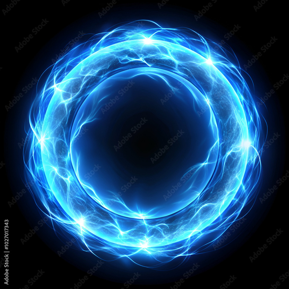 Obraz premium Glowing electric blue plasma ring with swirling light magic effect isolated on black, perfect for sci-fi and fantasy visuals.