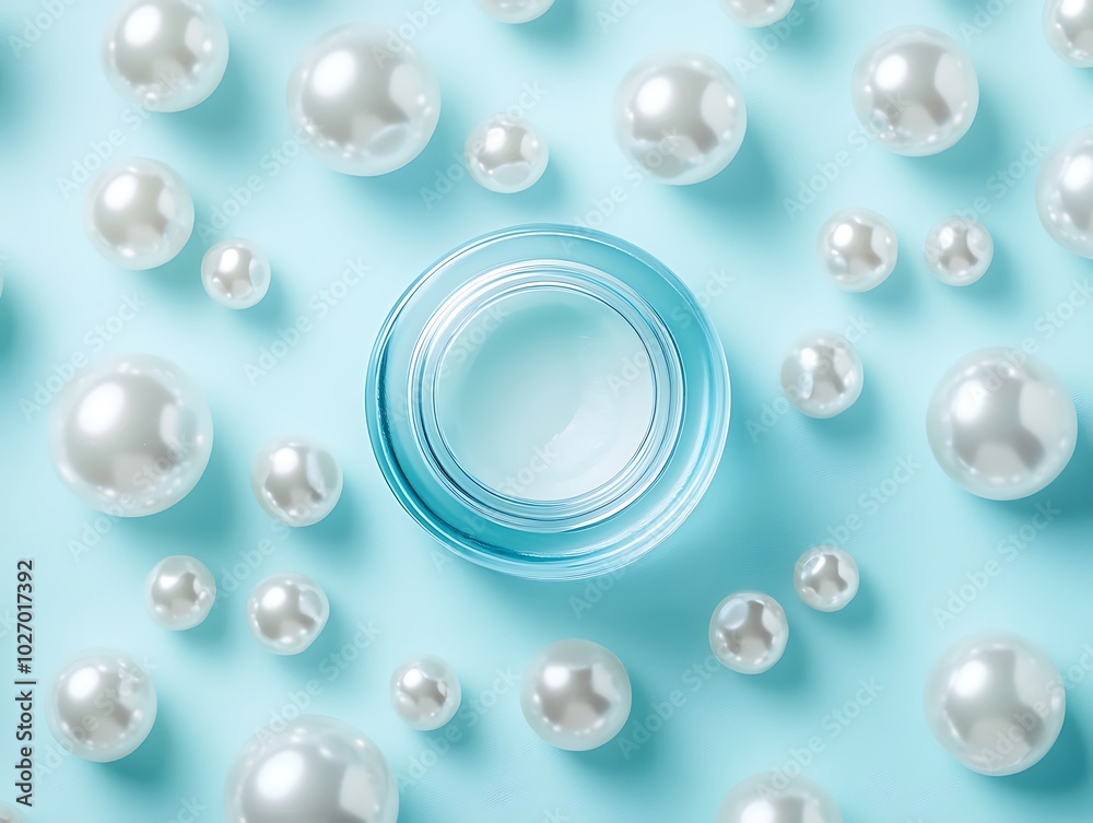 A close-up of a collagen skincare product surrounded by pearls and soft lighting, set against a bright pastel blue background symbolizing youthful, firm skin