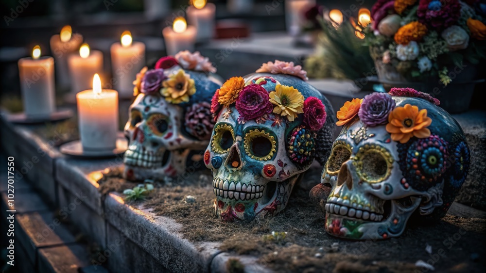Skulls, Flowers, and Candles at Day Of The Dead Cemetery – Vibrant Tilt-Shift Photography Skulls, Flowers, and Candles at Day Of The Dead Cemetery – Vibrant Tilt-Shift Photography