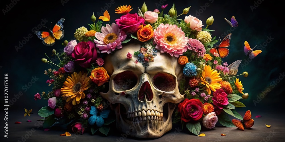 Skull with Flowers and Butterflies - Dark Aesthetic Product Photography Skull with Flowers and Butterflies - Dark Aesthetic Product Photography