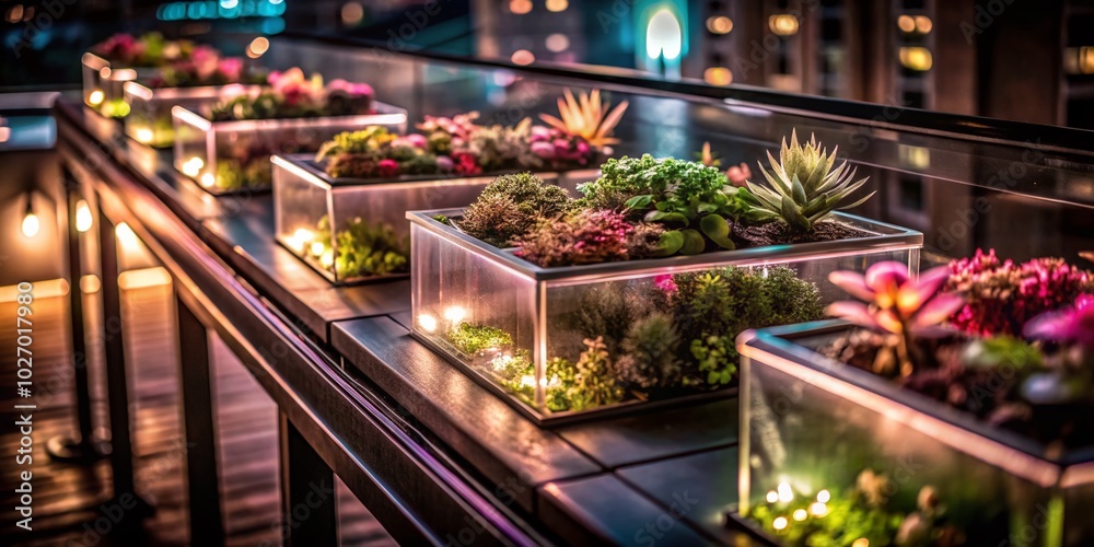 Sleek Rooftop Garden with Transparent Planters and Neon Greenery for Modern Urban Living Sleek Rooftop Garden with Transparent Planters and Neon Greenery for Modern Urban Living