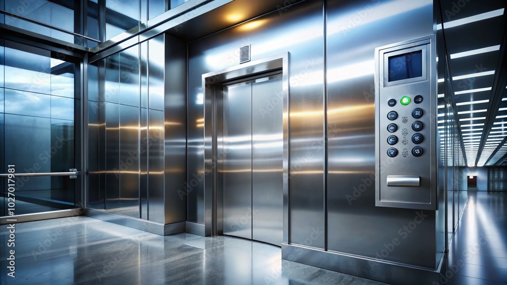 Sleek silver elevator with a card reader, designed for modern interiors, enhances functionality while maintaining elegance in low-light settings. Sleek silver elevator with a card reader, designed for modern interiors, enhances functionality while maintaining elegance in low-light settings.