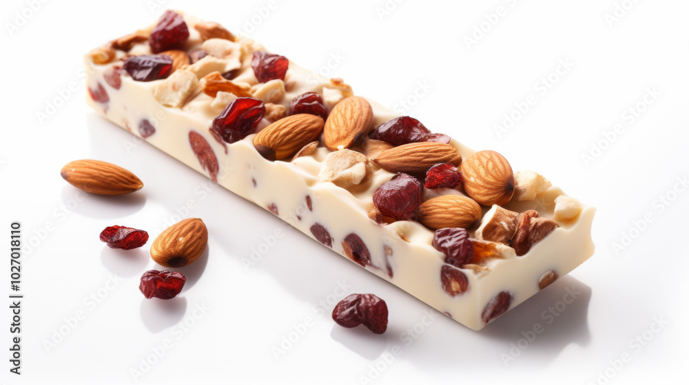 Delicious nut and cranberry snack bar on a clean white background Delicious nut and cranberry snack bar on a clean white background