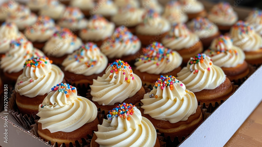 Delicious cupcakes topped with creamy frosting and colorful sprinkles are beautifully arranged in bakery box, perfect for any celebration or sweet treat Delicious cupcakes topped with creamy frosting and colorful sprinkles are beautifully arranged in bakery box, perfect for any celebration or sweet treat