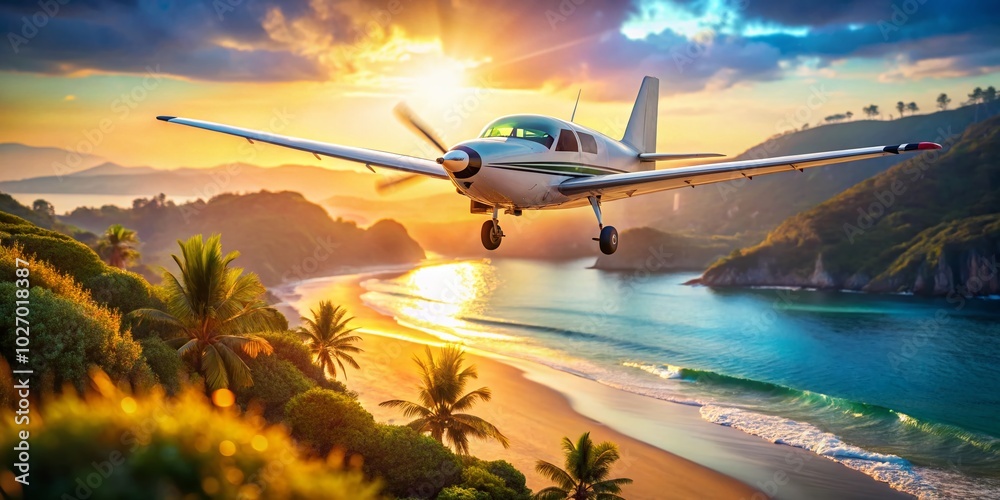 Small Private Plane Flying Over Ocean Shore with Bokeh Effect Small Private Plane Flying Over Ocean Shore with Bokeh Effect