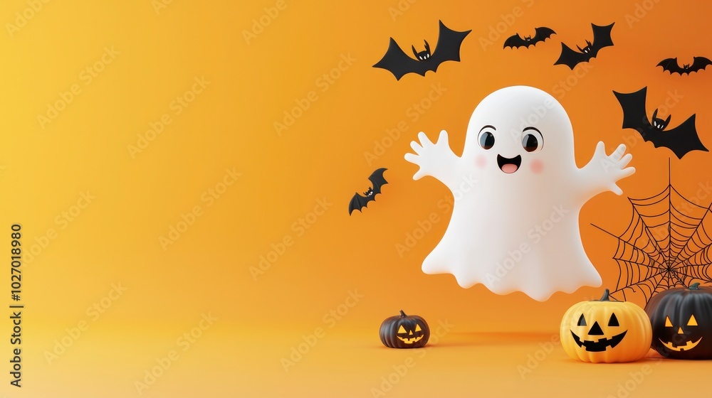 Obraz premium Cute ghost with bats and spider webs on orange background