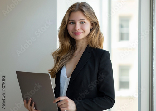 A confident young businesswoman in a black blazer holds a laptop, standing near a window in a bright office, symbolizing professionalism and modern work.
