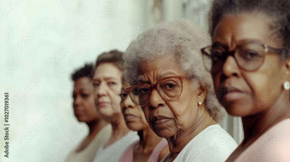 Portrait of a group of gay elderly black and white women profiles standing in line looking serious, angry, or tired of suppression, sexism, and racism Portrait of a group of gay elderly black and white women profiles standing in line looking serious, angry, or tired of suppression, sexism, and racism