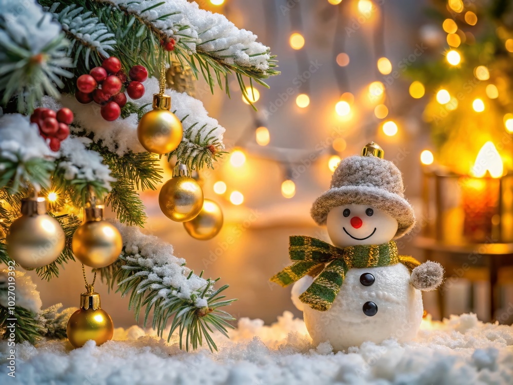 Obraz premium Snowman on Christmas Tree Branch with Fireplace Background - Festive Architectural Photography