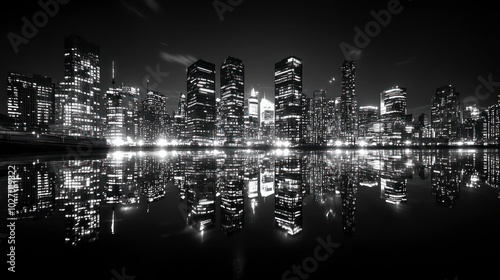 A black and white nighttime cityscape with building reflections on water