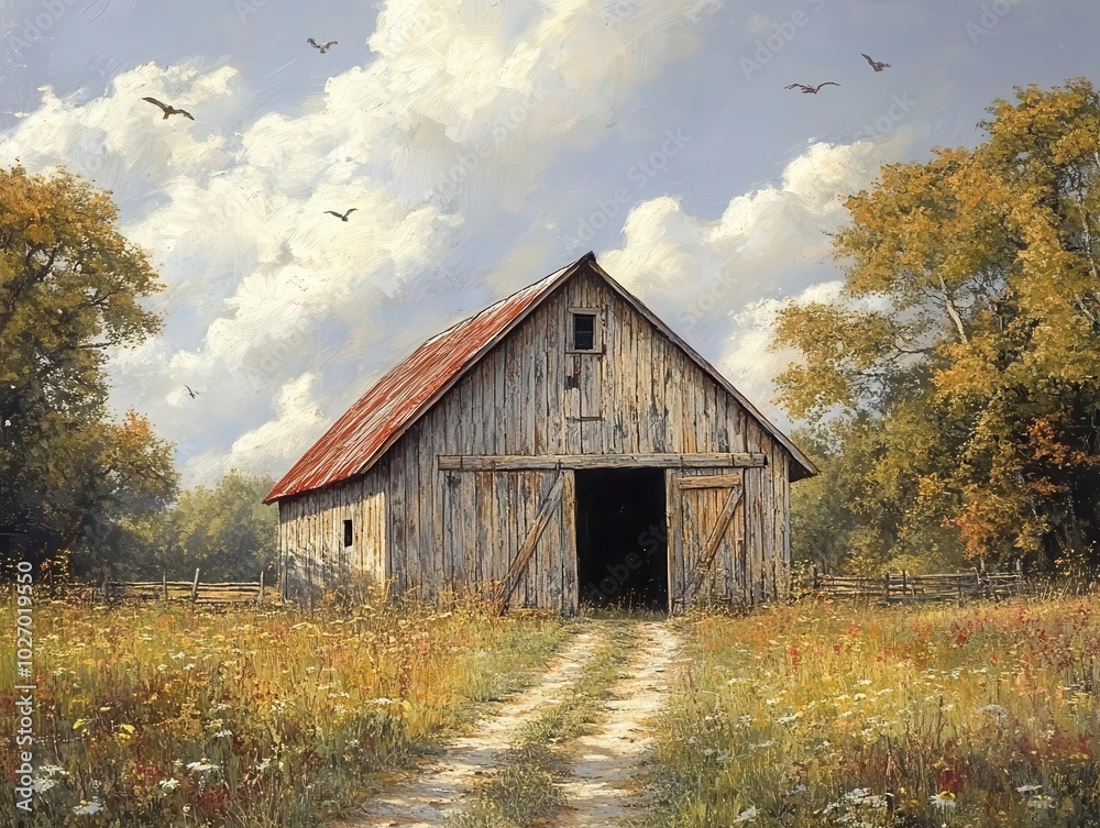 rustic barn nestled in the countryside, showcasing weathered wood and an idyllic rural setting, surrounded by lush greenery and open skies, embodying the charm of farm life rustic barn nestled in the countryside, showcasing weathered wood and an idyllic rural setting, surrounded by lush greenery and open skies, embodying the charm of farm life