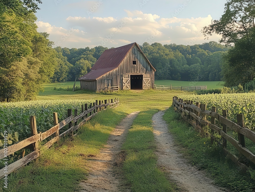 rustic barn nestled in the countryside, showcasing weathered wood and an idyllic rural setting, surrounded by lush greenery and open skies, embodying the charm of farm life rustic barn nestled in the countryside, showcasing weathered wood and an idyllic rural setting, surrounded by lush greenery and open skies, embodying the charm of farm life