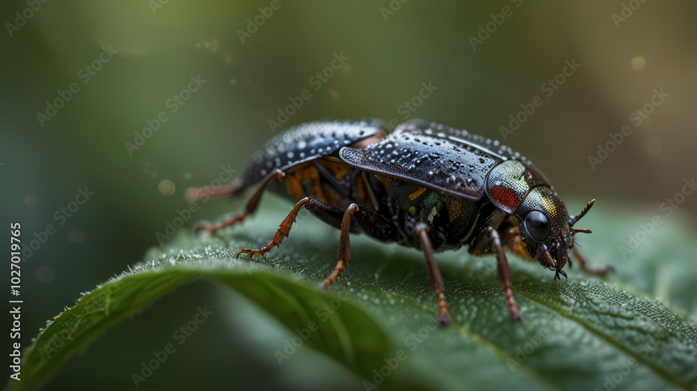 A close-up of a black beetle with orange markings on its body, perched on a green leaf with water droplets. A close-up of a black beetle with orange markings on its body, perched on a green leaf with water droplets.