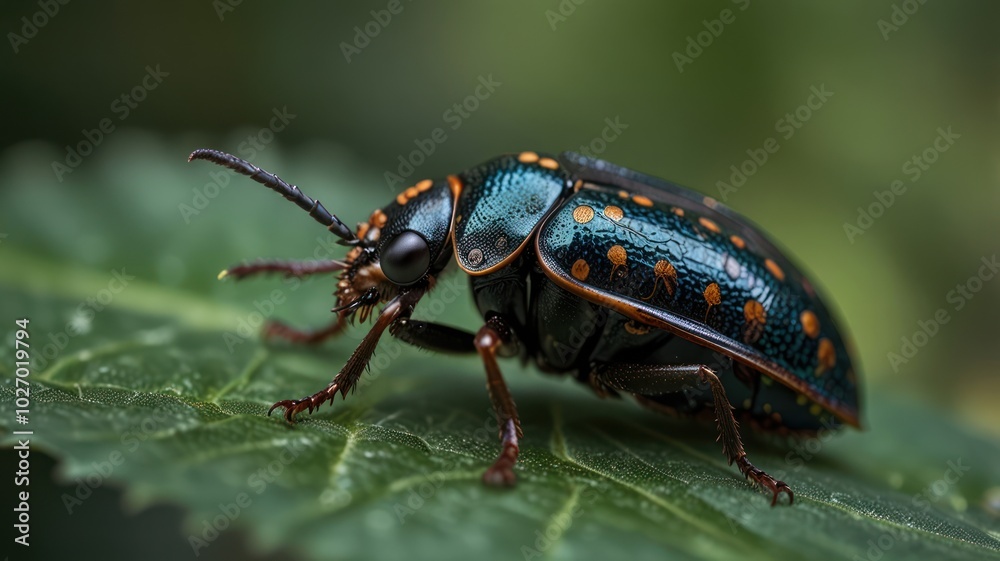 A close-up of a blue and orange beetle with black spots sitting on a green leaf. A close-up of a blue and orange beetle with black spots sitting on a green leaf.