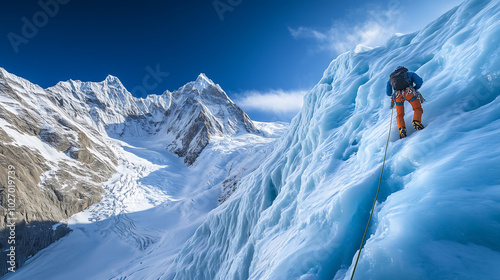 A solitary climber halfway up a massive frozen glacier, the ice shimmering in the sunlight