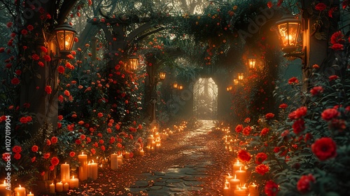 Enchanted Rose Garden Path with Candlelight