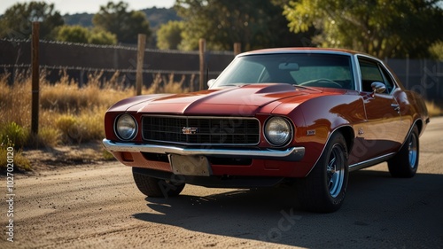 A classic red muscle car is parked on a dirt road with a fence and trees in the background.
