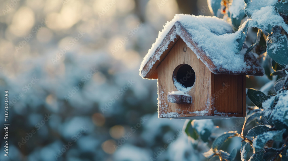 Charming wooden birdhouse adorned with fresh snow in a winter setting Charming wooden birdhouse adorned with fresh snow in a winter setting