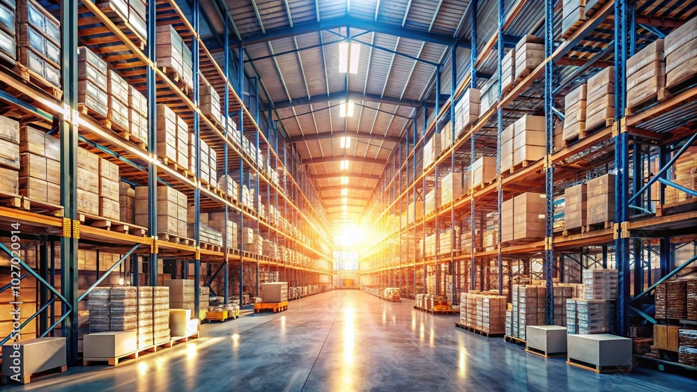Fototapeta premium Spacious Warehouse Interior with Containers and Sunlight for Logistics and Storage Operations