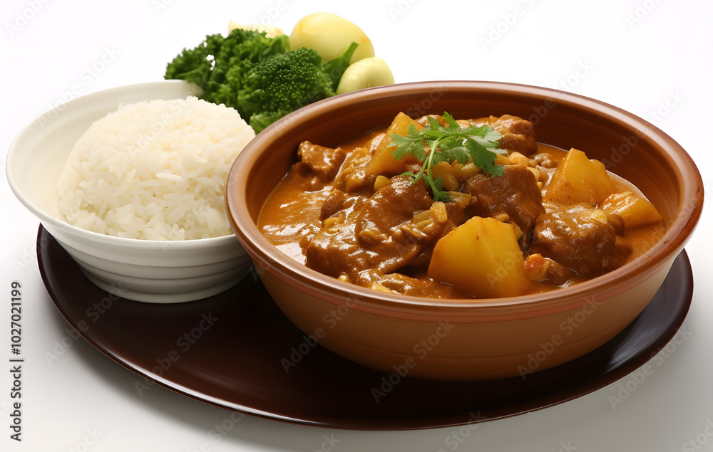 Beef Massaman Curry served with rice is a traditional Thai Muslim dish for a healthy dinner or lunch. Beef Massaman Curry served with rice is a traditional Thai Muslim dish for a healthy dinner or lunch.
