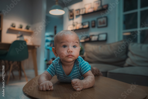 A cute baby explores a bright, modern living room while sitting on a stylish wooden table
