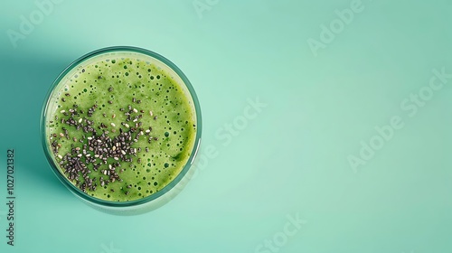 A glass of green smoothie with floating chia seeds above a solid pastel background