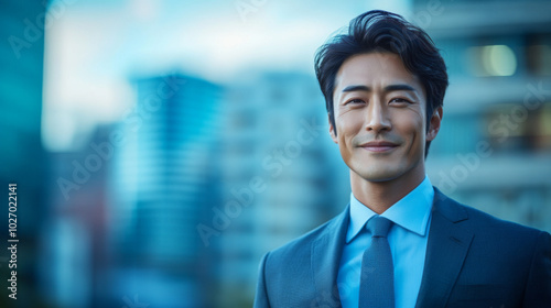 A confident man in a suit smiles against a modern cityscape background