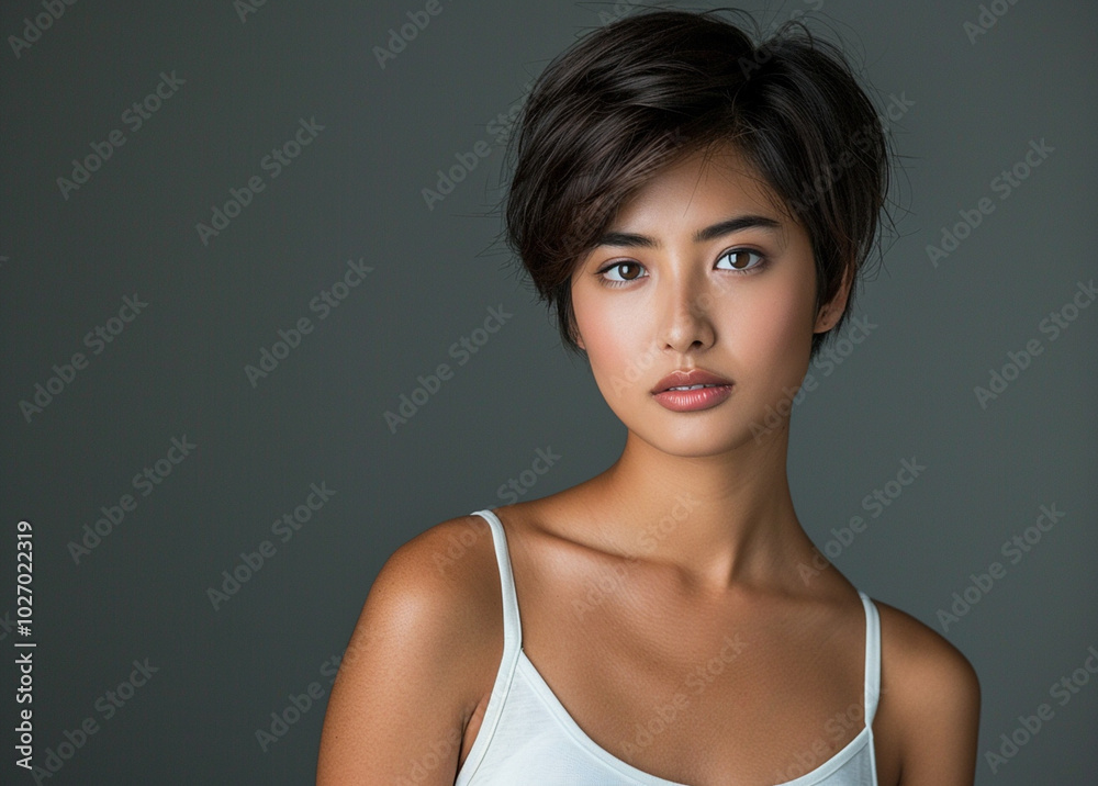 A serene portrait of a woman with short hair and natural makeup, standing against a textured gray wall, exuding beauty and confidence.
A serene portrait of a woman with short hair and natural makeup, standing against a textured gray wall, exuding beauty and confidence.