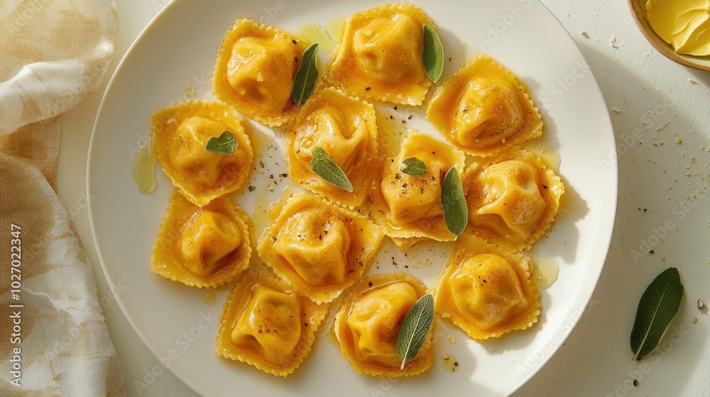 Neatly Arranged Pumpkin Agnolotti on White Plate Neatly Arranged Pumpkin Agnolotti on White Plate