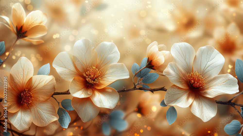 Delicate white and orange blossoms on branches against a soft golden background Delicate white and orange blossoms on branches against a soft golden background