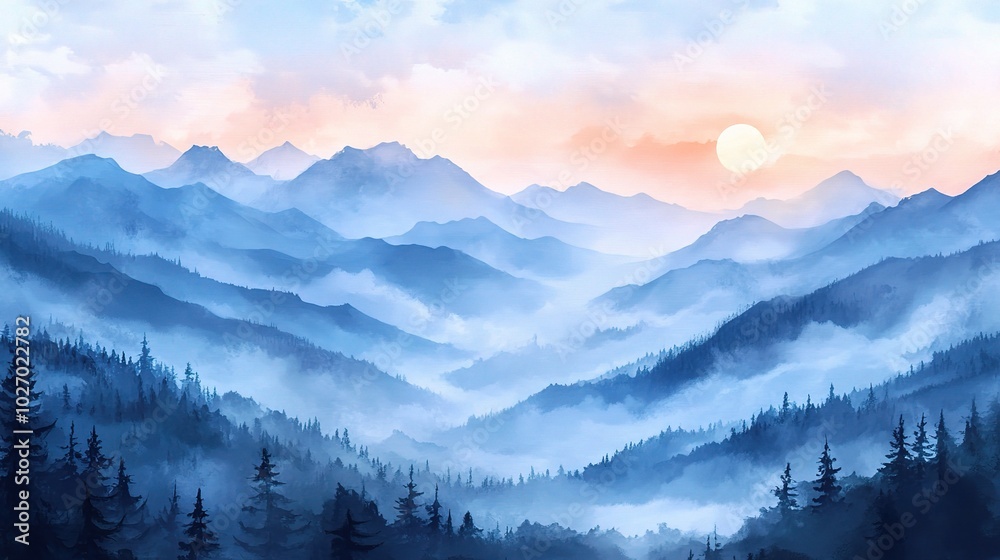 Obraz premium Serene Mountains at Sunrise with Misty Landscape