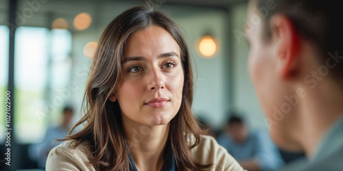 Focused Young Woman in Discussion at Work