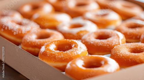 Delicious donuts with vibrant icing and sprinkles are beautifully arranged in box, showcasing their tempting appearance and inviting sweetness