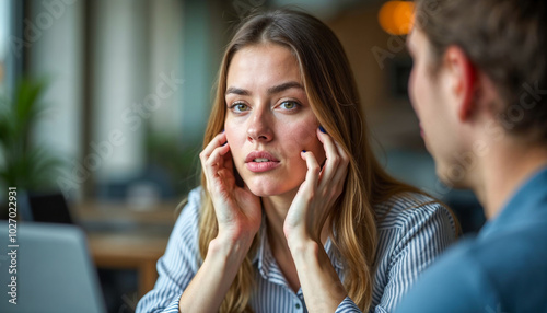 Focused Young Woman in Discussion at Work