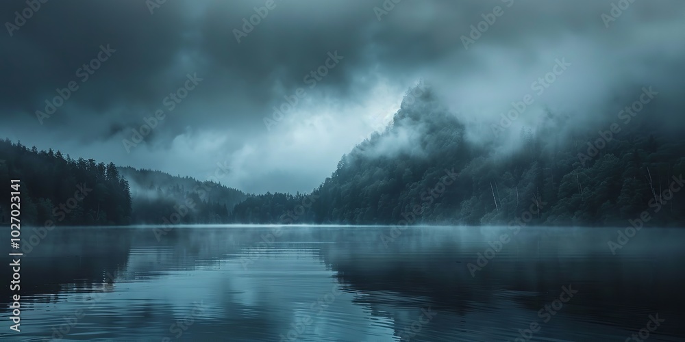 eerie lake backdrop and wallpaper featuring a foggy lake, cloudy sky, and dark surroundings in the morning, Generative AI. eerie lake backdrop and wallpaper featuring a foggy lake, cloudy sky, and dark surroundings in the morning, Generative AI.