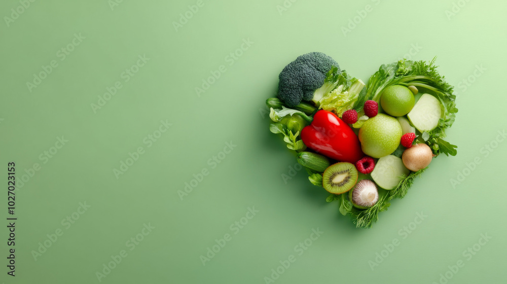 Fresh vegetables arranged in a heart shape on a green background Fresh vegetables arranged in a heart shape on a green background