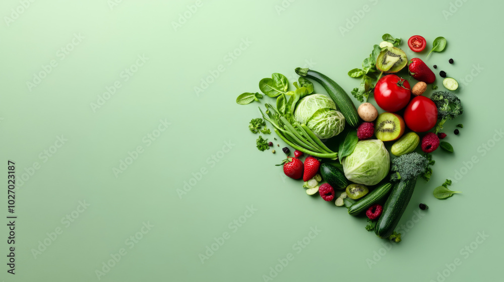 Fresh vegetables and fruits arranged in the shape of a heart on green background