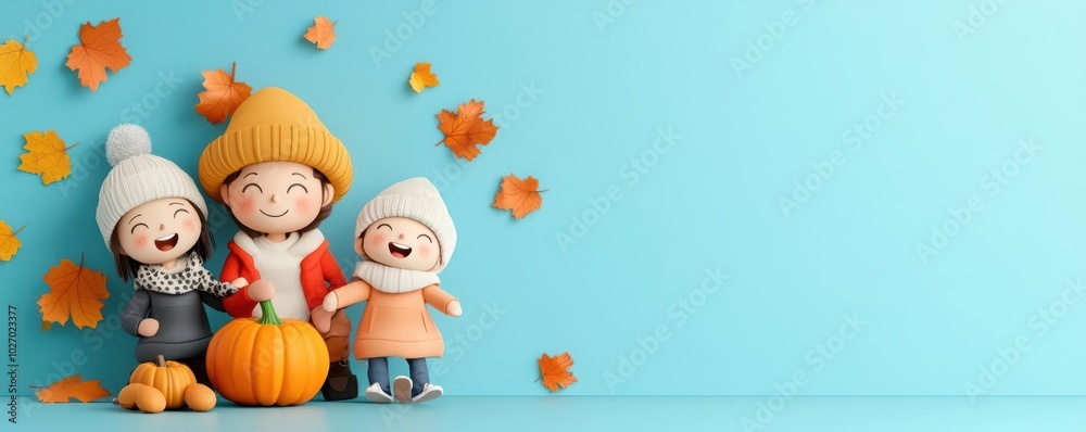 Three cheerful children celebrate autumn with a pumpkin and colorful leaves against a bright blue background.