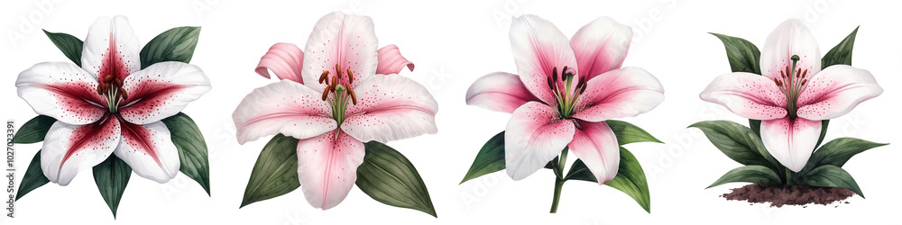 Fototapeta premium Lily flowers with pink petals, white background