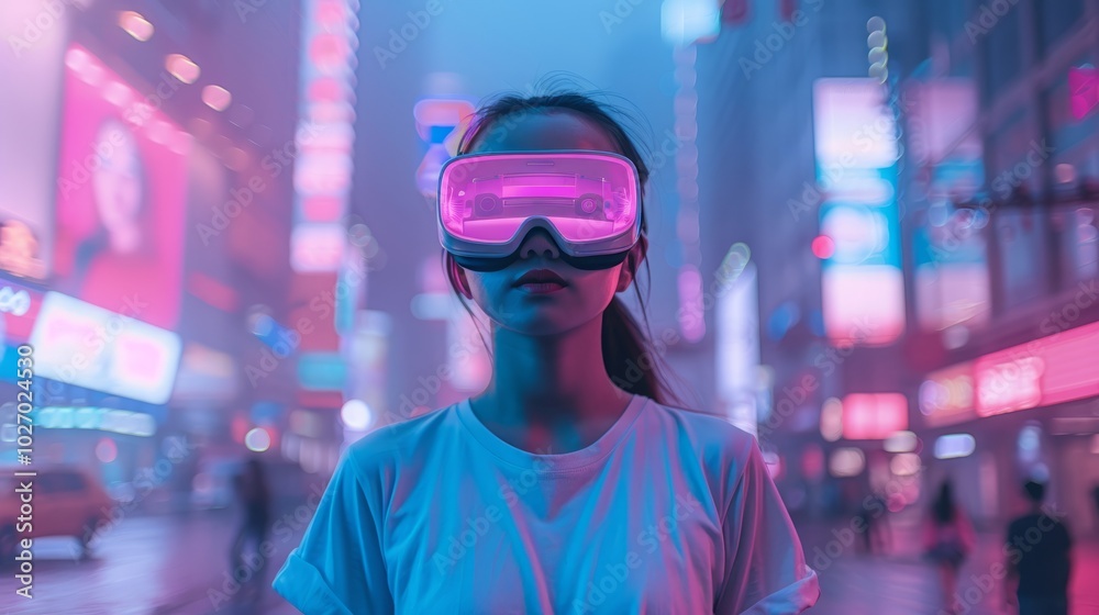 Young woman wearing virtual reality goggles in the city at night. Young woman wearing virtual reality goggles in the city at night.