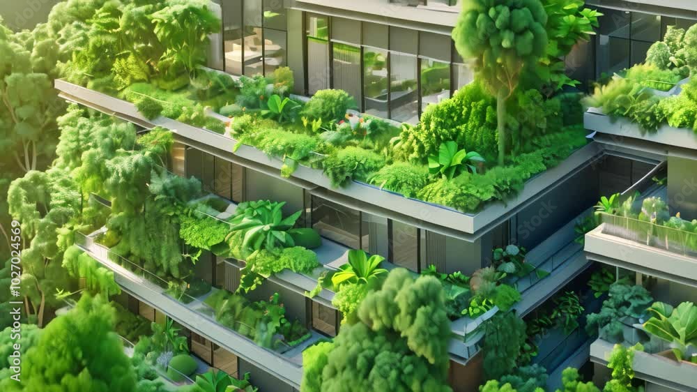 Picture of A modern apartment building with a lush green rooftop garden, Create a ...
