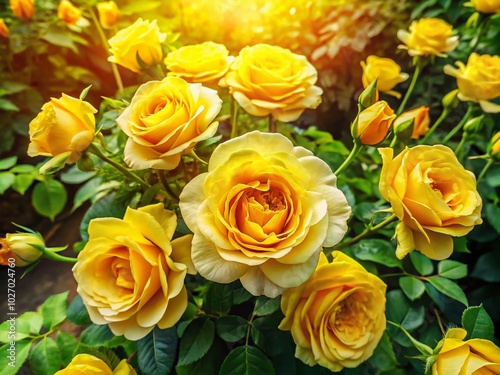 Stunning Aerial View of a Vibrant Bouquet of Yellow Roses in a Lush Garden Setting