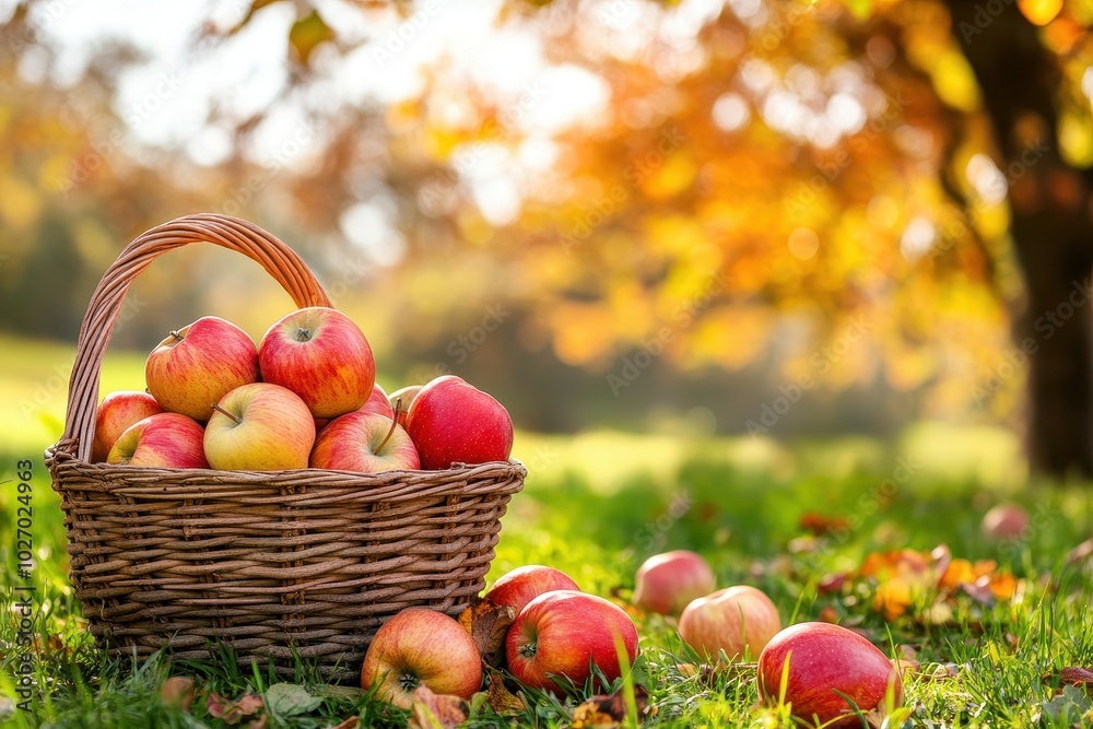basket full of fresh apples sitting on a grassy field basket full of fresh apples sitting on a grassy field
