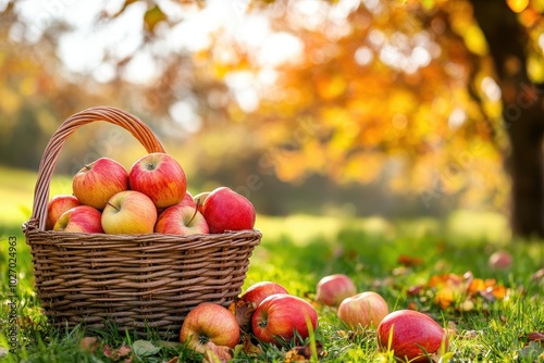 basket full of fresh apples sitting on a grassy field