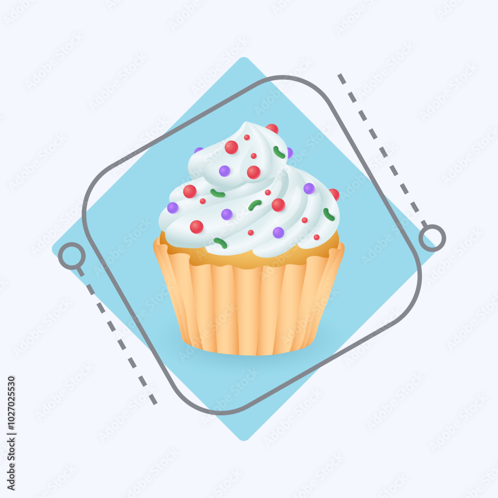3d cartoon style cupcake with whipped cream and sprinkles icon. Realistic sweet dessert or muffin on white background flat vector illustration. Pasty, party, unhealthy food concept 3d cartoon style cupcake with whipped cream and sprinkles icon. Realistic sweet dessert or muffin on white background flat vector illustration. Pasty, party, unhealthy food concept